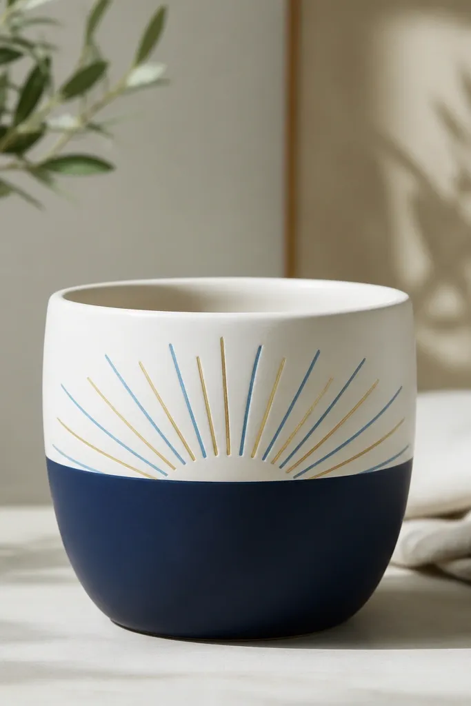 A matte white clay pot with a dark navy solid lower half; above the navy line, short sunburst rays in light blue and gold fan outward from a curved center line.