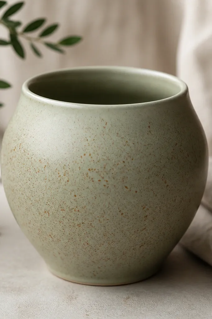 A sage green pot with tiny speckles in warm terracotta-orange across the whole surface; the speckles vary in size and fade slightly near the rim.