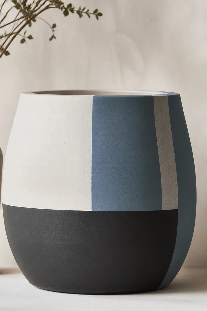 A pot painted in three large blocks: off-white, dusty blue, and charcoal, separated by sharp tape edges; one block has a vertical stripe of pale gray.