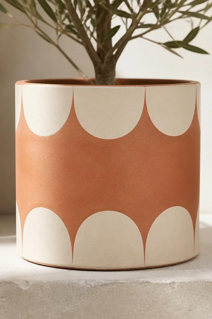 A pot with the terracotta left visible in the middle, while cream half-moon shapes sit on the upper and lower sections like stickers; panels are clean and evenly spaced.