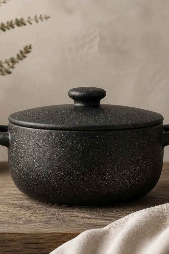 A matte black pot with fine gold speckles scattered evenly; the speckles look like dusting rather than big splatter dots.