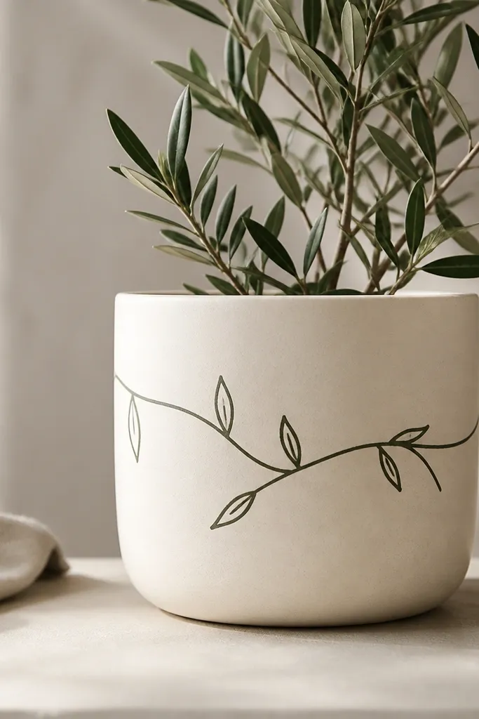 A cream pot with a single continuous olive vine line winding around it; small leaf shapes sit on the line like minimal line art.