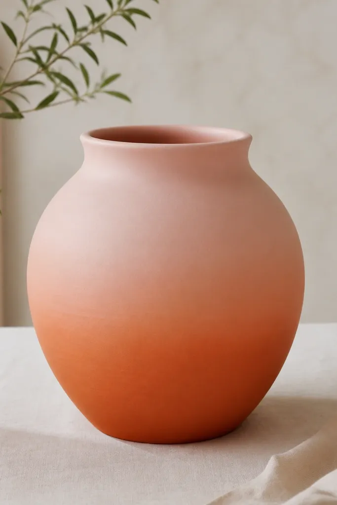 A clay pot with a smooth gradient: deeper terracotta-orange at the bottom fading into a pale blush pink near the rim; the transition is smooth, not streaky.