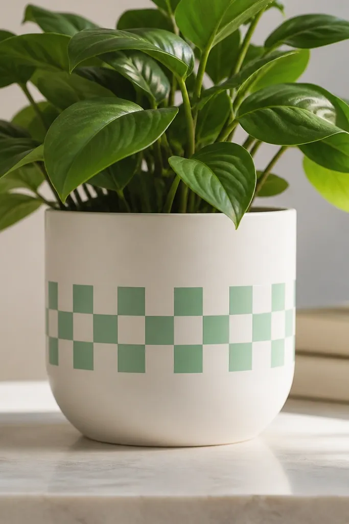 A pot with a vertical checker band wrapping around the middle in alternating mint and white squares; the rest of the pot stays plain white.