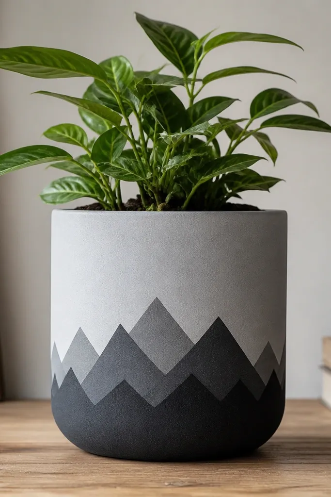 A light gray pot with layered mountain triangles in darker charcoal and medium gray; peaks stack near the middle and taper toward the sides.