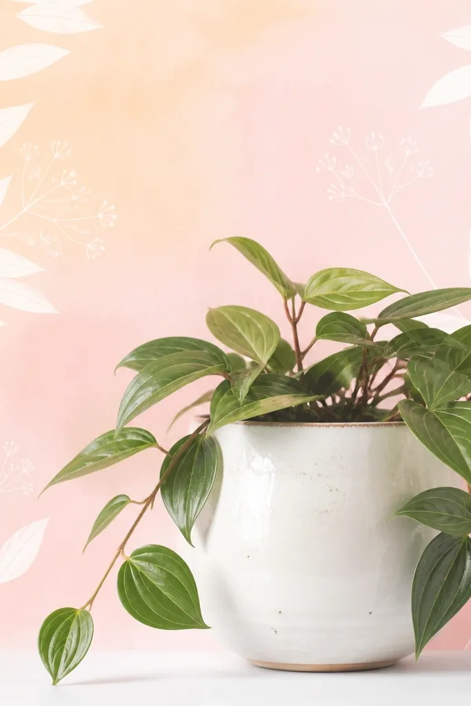 A pale pastel gradient wash from peach to pale pink with white stencil leaves and small line flowers spaced around the pot.