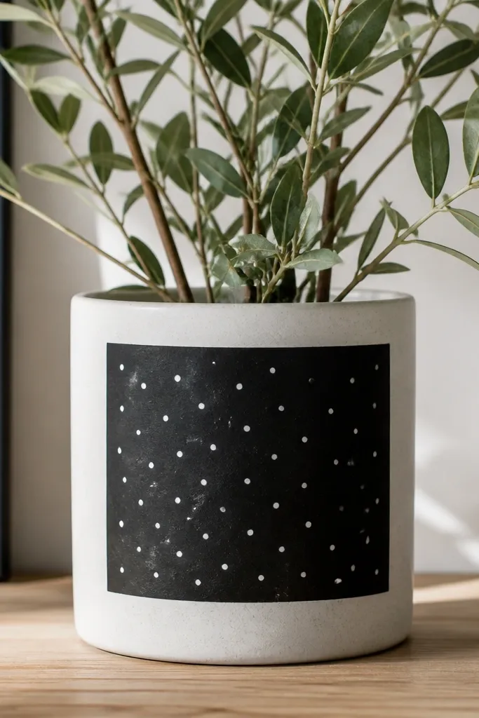 A pot with a large matte black rectangle panel in the center; scattered white dots sit on the black surface like printed confetti, with clean edges around the rectangle.
