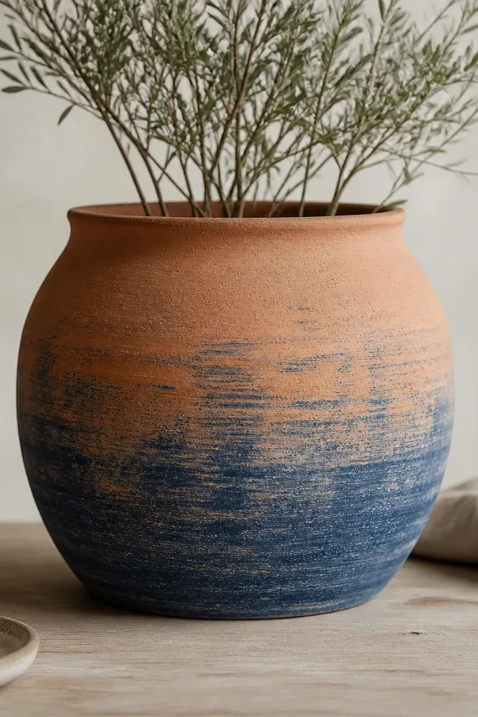 A pot with denim blue dry-brushed strokes fading upward, with the terracotta still visible in the middle; the texture looks soft and streaky.