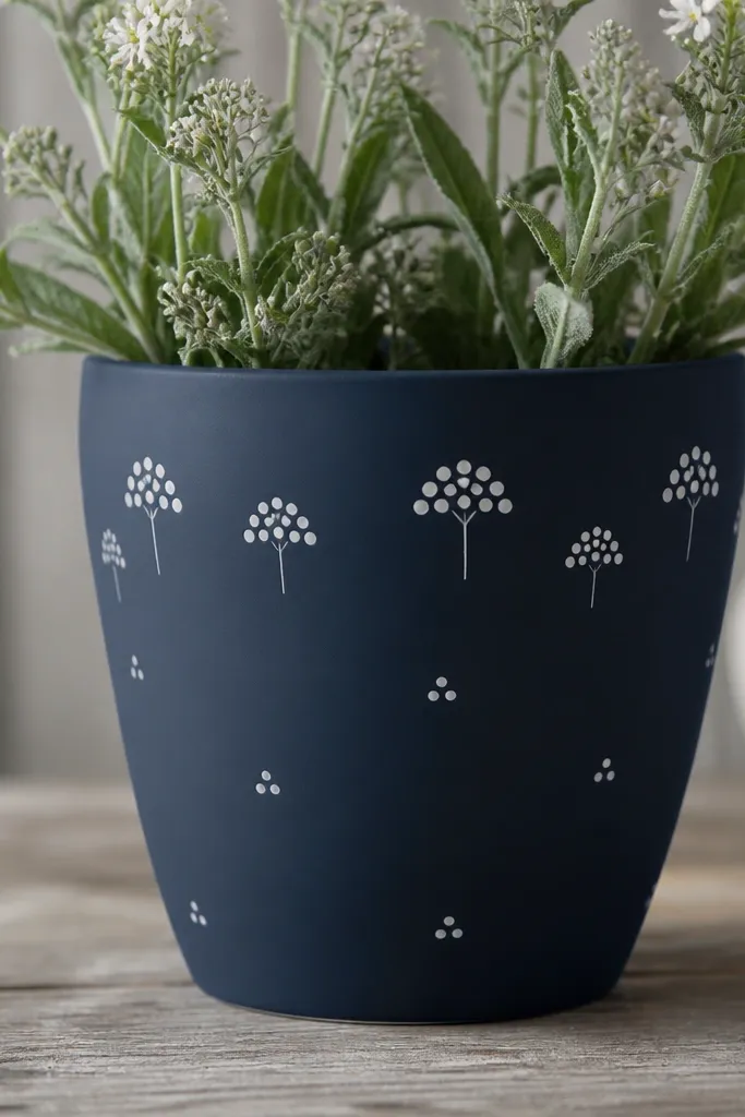 A matte deep navy pot with tiny white dot clusters forming simplified flower heads near the top and scattered around the sides.