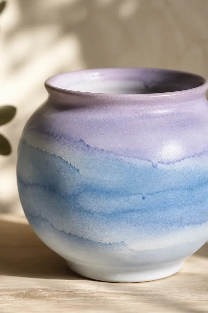 A pot with soft watercolor-like bands: blue washes blend into lavender near the rim; edges are feathered and slightly irregular.