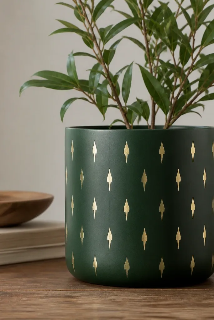 A deep forest-green pot with small gold spear-shaped marks pointing upward; the gold has a metallic shine and sits in a repeating row pattern.