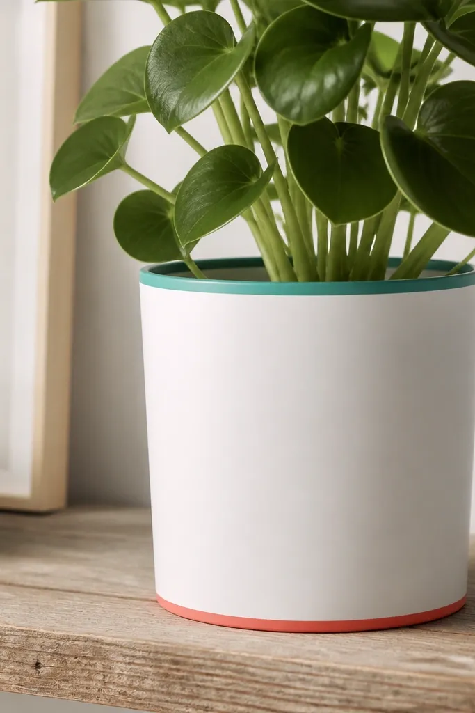 A matte white pot with thin colored stripes only at the rim and around the bottom edge: teal at the rim and coral at the base.