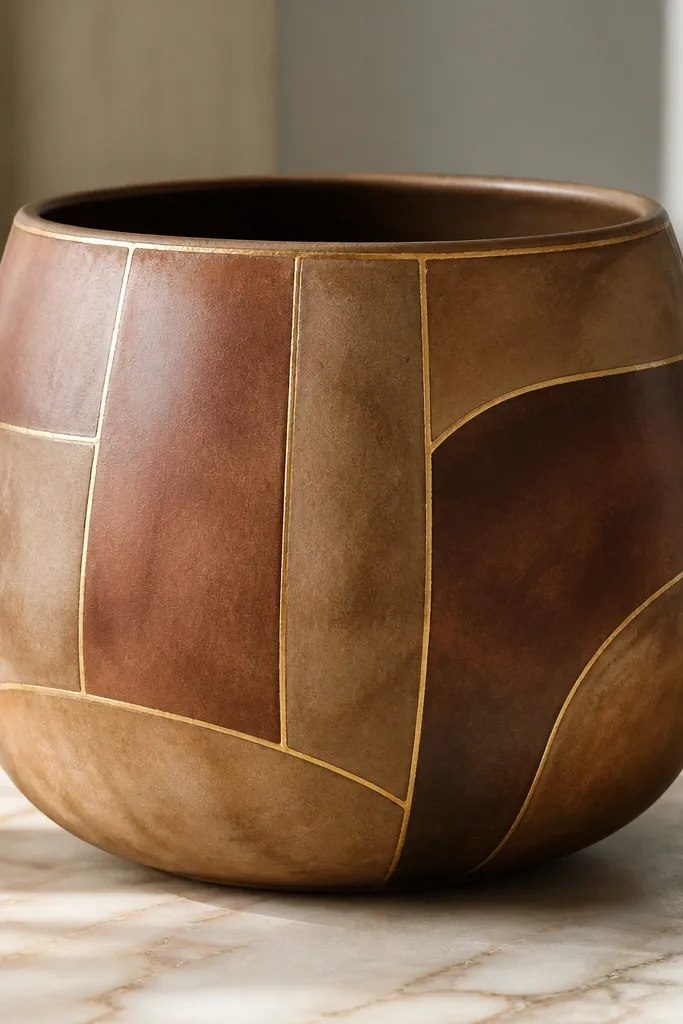 A pot with warm brown wash panels and thin faux-gold lines outlining sections; the gold looks like metallic marker strokes.