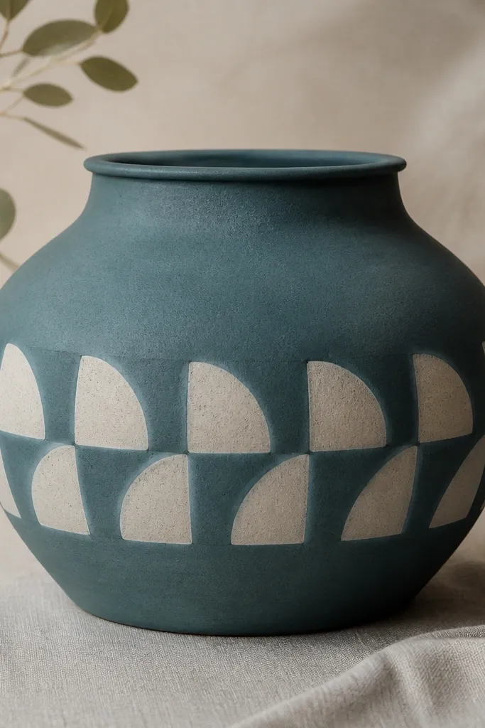 A mid-tone clay pot painted in a muted teal base; alternating half-moons in off-white create a tiled pattern around the pot at mid height.