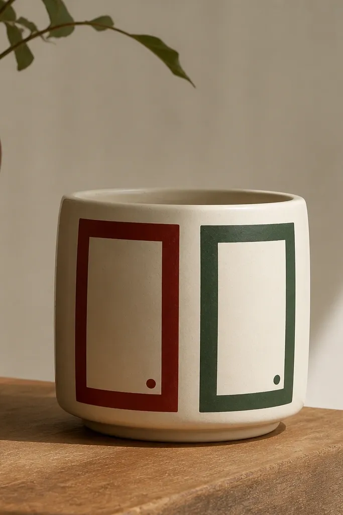 A cream pot with two vertical rectangular frames painted in deep red and forest green; inside each frame is plain cream with a small dot at the bottom corners.