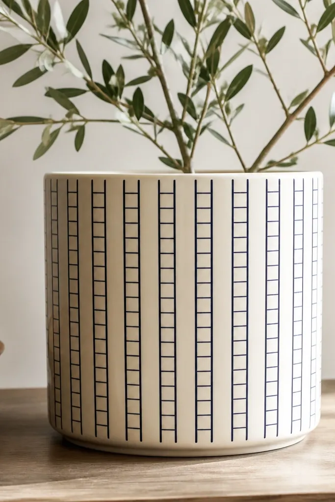 A cream pot with a repeating ladder of thin navy stripes: vertical lines and short horizontal rungs that wrap around in tidy rows.
