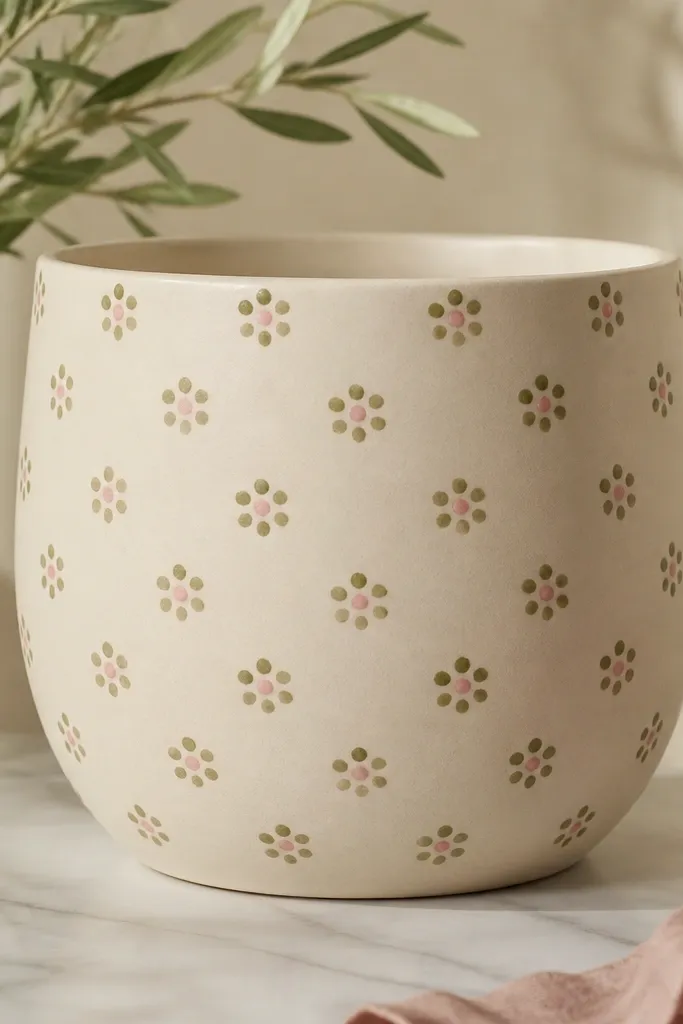 A light beige pot covered in small olive dot clusters shaped like tiny flowers; each cluster has a single tiny pink dot in the center.