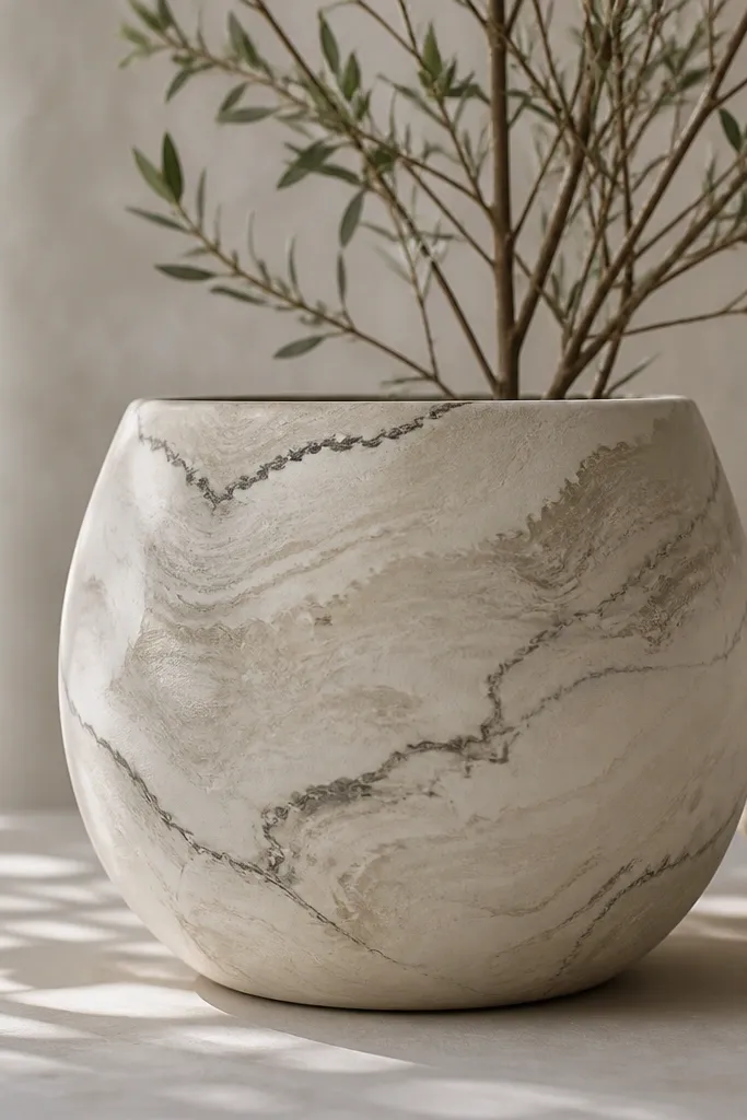 A pot painted in soft greige marbling with thin charcoal vein lines that curve like marble; the finish is matte with subtle texture.
