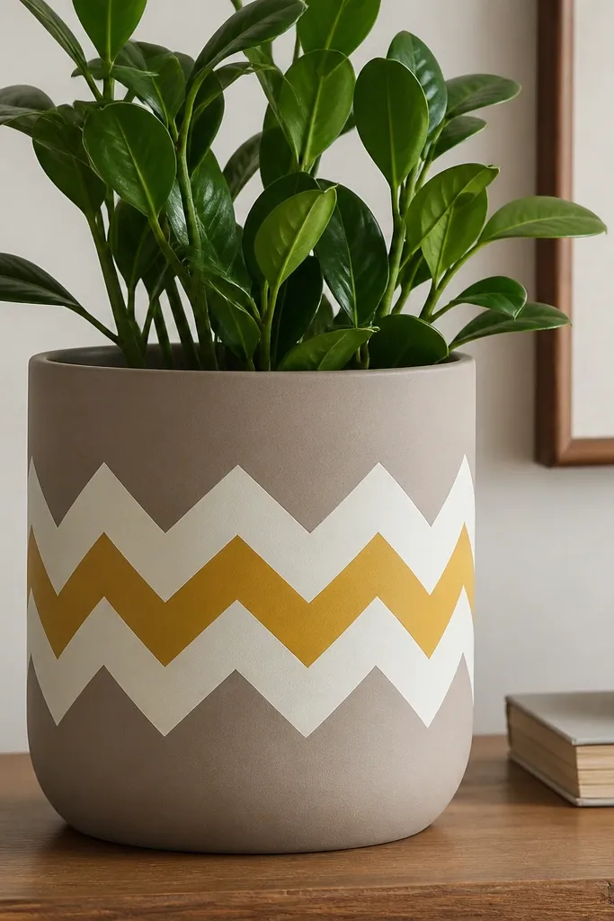 A pot with a matte taupe base; chunky chevrons in warm white and a single accent of mustard yellow appear in the midsection only.