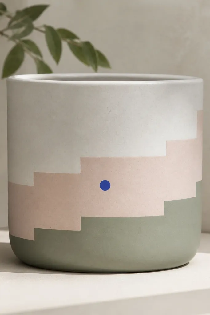 A pot with stacked color-step blocks in light gray, blush, and muted sage; one small cobalt dot sits near the middle like a punctuation mark.