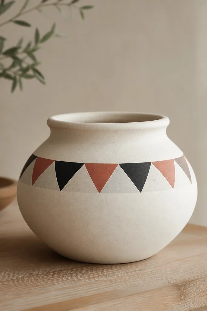 A pot with a white base and a ring of triangles around the shoulder; triangles alternate between black, terracotta-red, and pale gray.