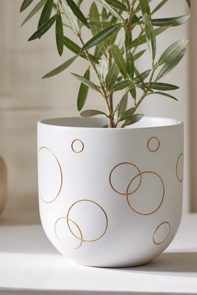 A matte white pot covered in scattered gold outline circles of different sizes; some circles overlap slightly and sit around the pot's front.