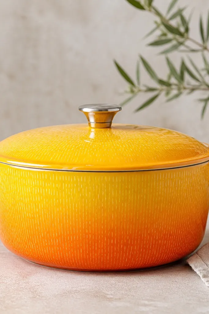 A pot with a bright lemon-to-orange gradient down the sides, plus thin white highlight strokes like citrus peel texture.