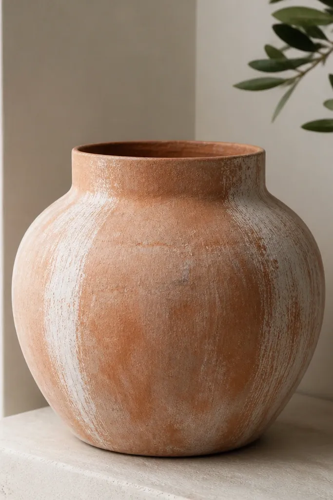 A pot with a translucent terracotta wash over clay; white dry-brushed streaks appear in a few vertical sections, giving a weathered modern look.
