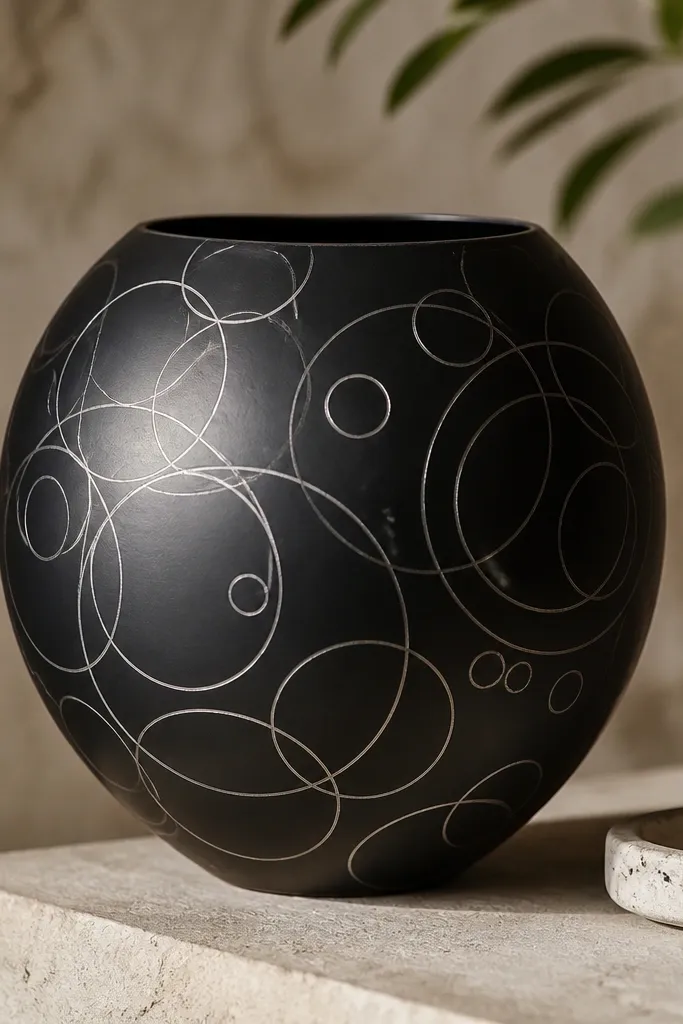 A matte black pot covered with layered silver circles of different sizes, like a minimal galaxy map; circles overlap lightly.