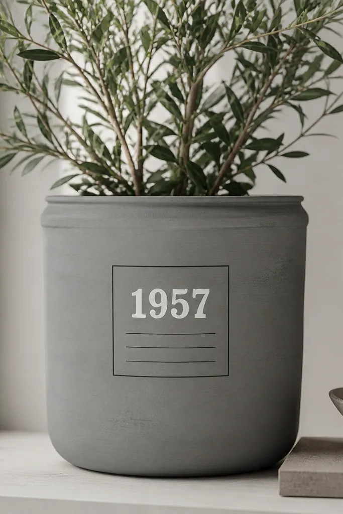 A pot painted in muted gray with a centered rectangle tag; inside the tag are bold white numbers and small black lines like a label.