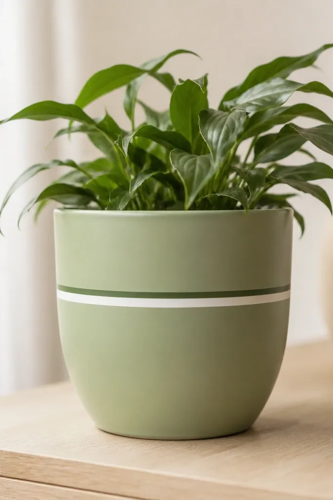 A pot with a solid light green base; a thin stripe halo wraps around the middle in white, and a second even thinner stripe in dark green sits just above it.