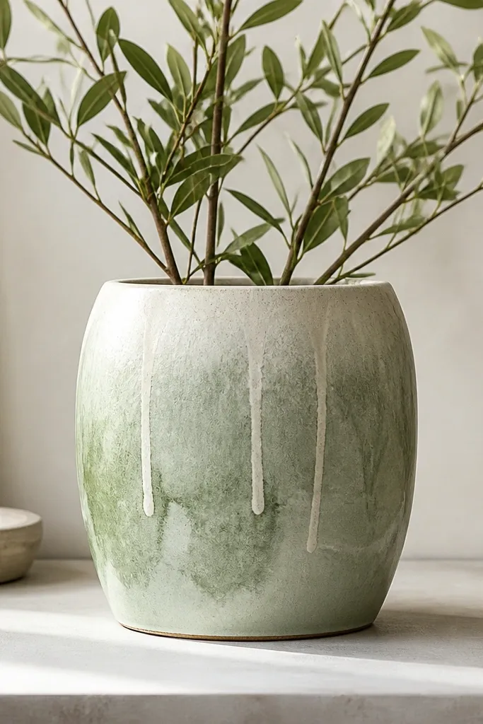 A pot with a watercolor-like sage wash fading outward, plus a few controlled white drips that stop before the bottom rim.