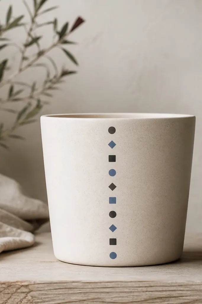 A cream pot with a single vertical column of stenciled geometric dots: small circles, diamond dots, and tiny squares in alternating charcoal and dusty blue.