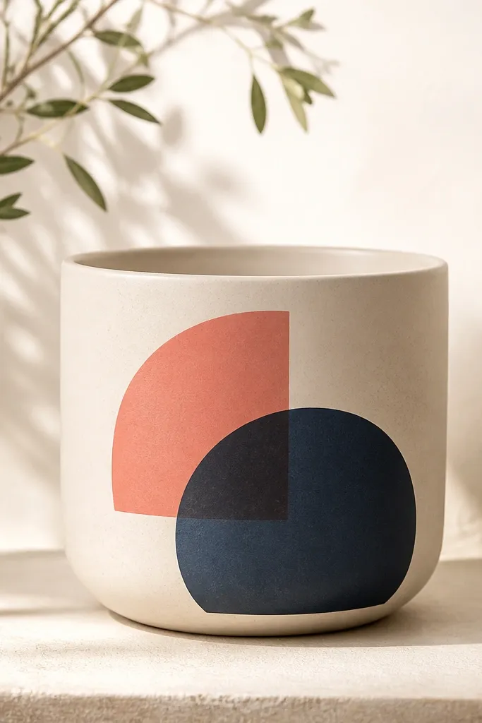 A pot with a warm white background; two overlapping semi-circles in coral and navy sit on the front like a modern poster graphic.