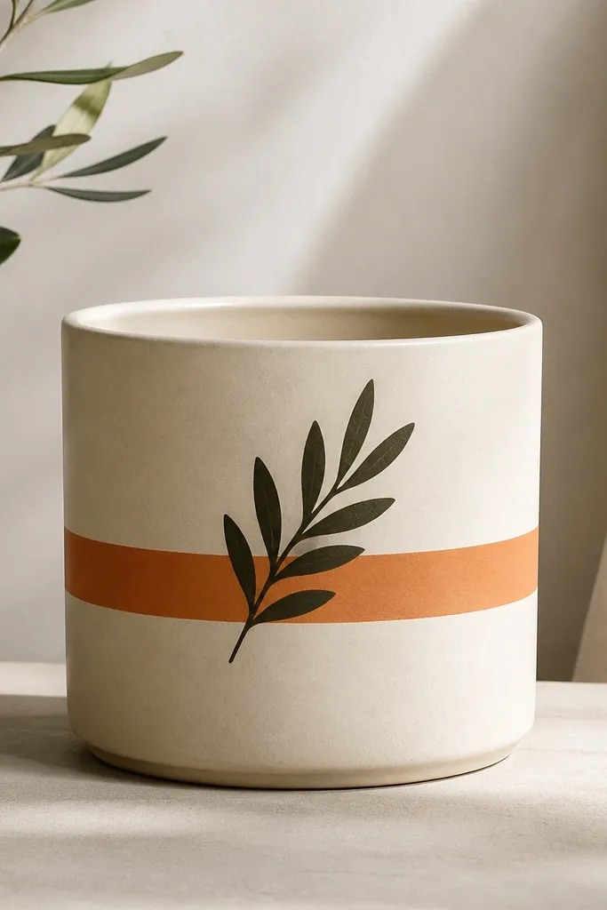 A cream pot with a single orange band around the midsection and a dark olive leaf silhouette on one side; everything else stays plain.