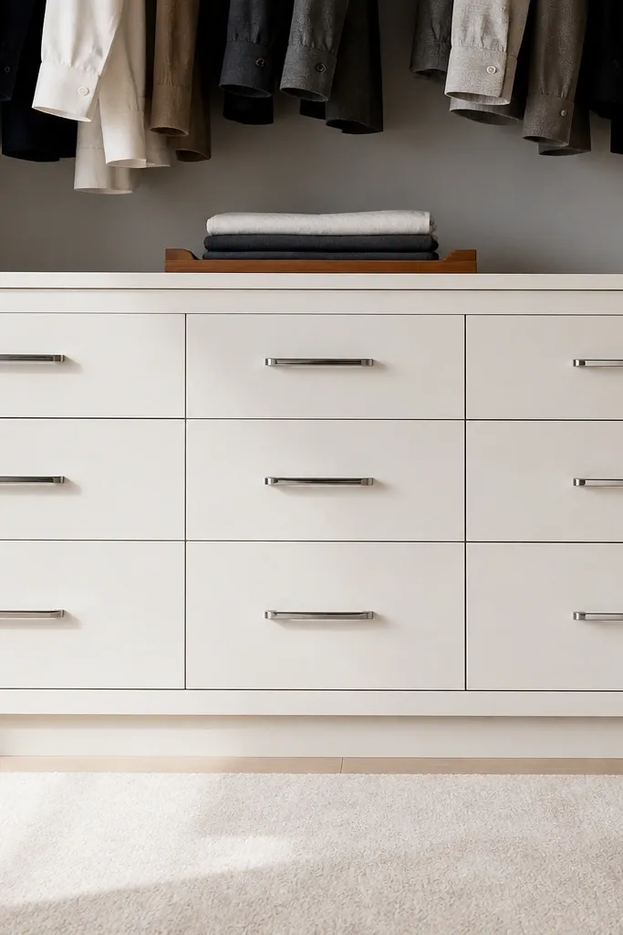 A row of small closet drawers with slim metal pulls and folded items hidden inside
