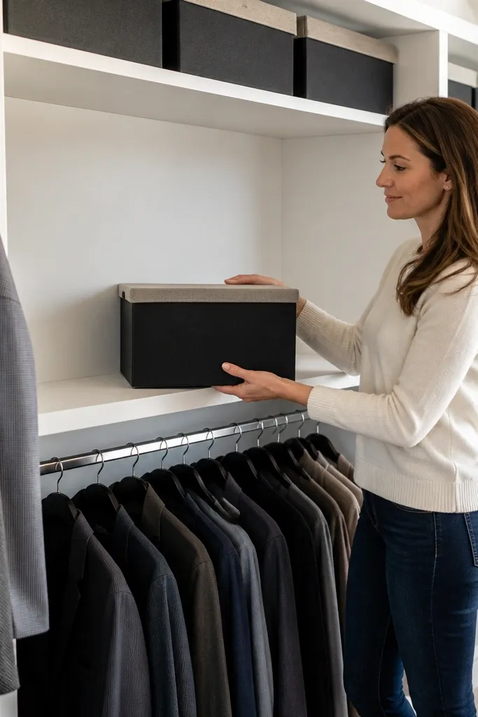 Wire shelves replaced with smooth wood panels and neatly stacked folded clothes