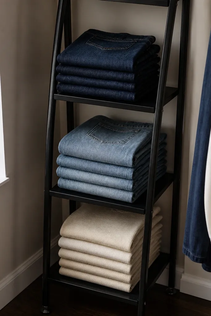 A narrow ladder shelf with folded denim stacks arranged in color blocks