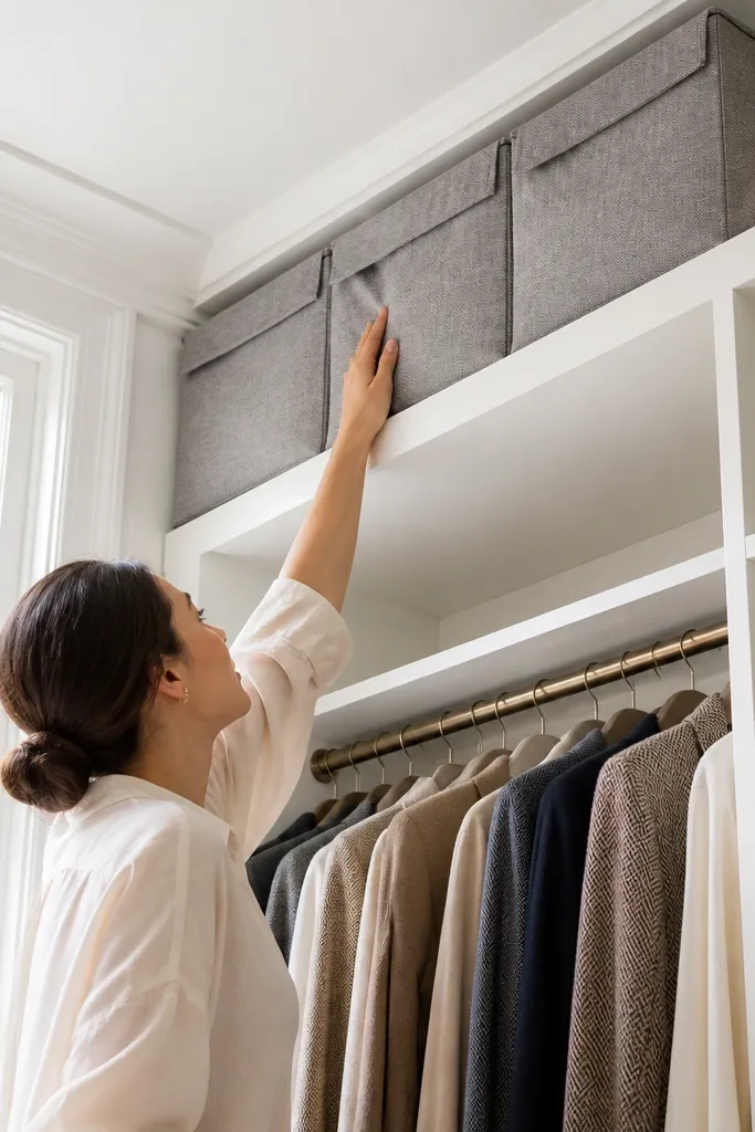Ceiling-high shelf with fabric bins and a neat row of lids