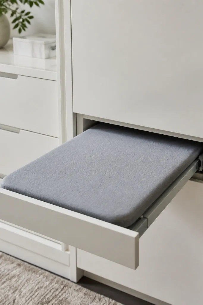 A slim closet side cabinet with a hidden pull-out ironing board panel