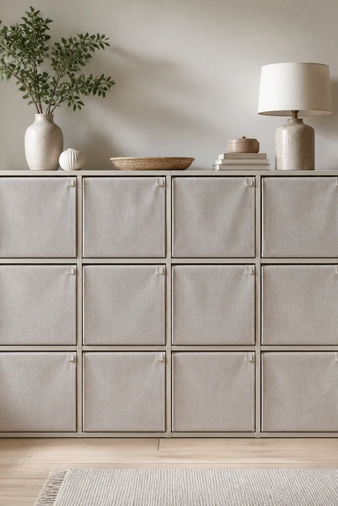 Matte storage cubes with fabric covers and neatly folded clothes inside
