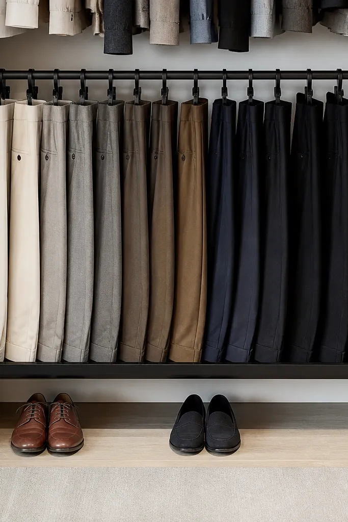 A pants clip rail with a bottom catch tray and neatly hung trousers