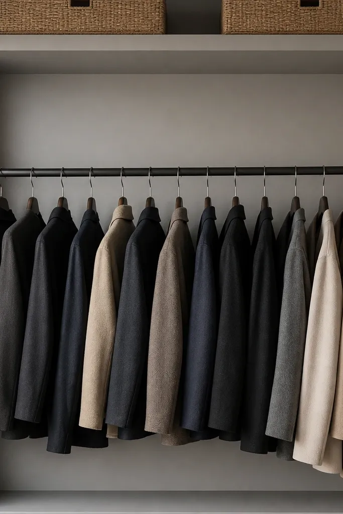 A closet back panel behind hanging clothes in a matching color with neat rails