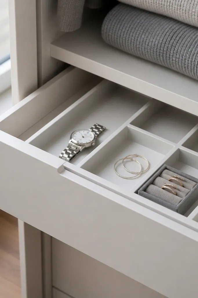 A drawer with small dividers and trays for jewelry, laid out neatly