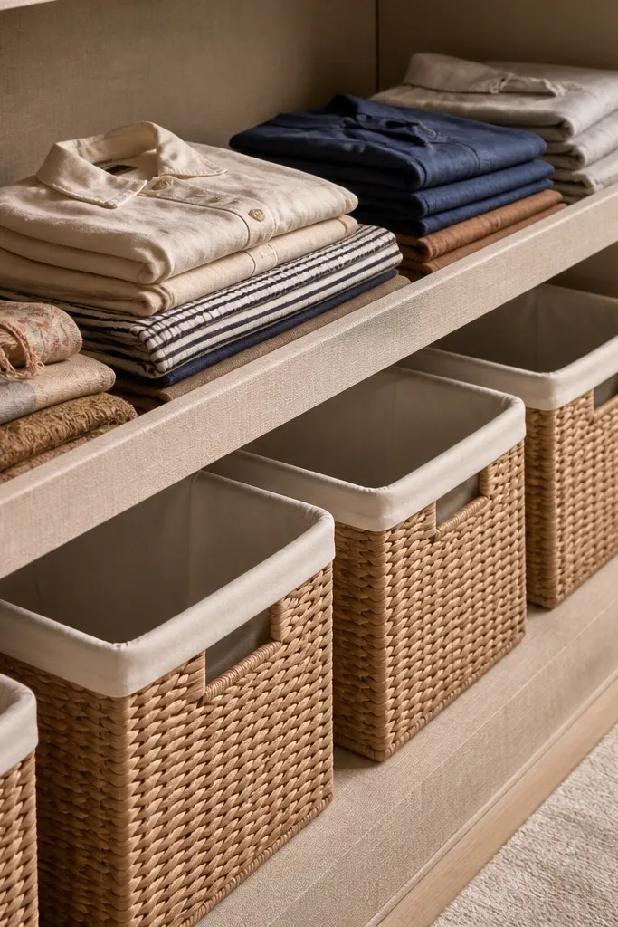 Shelves with a front lip and matching baskets holding folded clothes