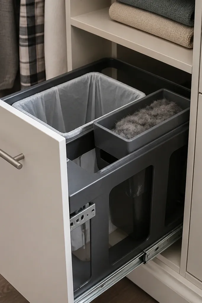 A slim pull-out drawer insert with a small bin for lint and trash
