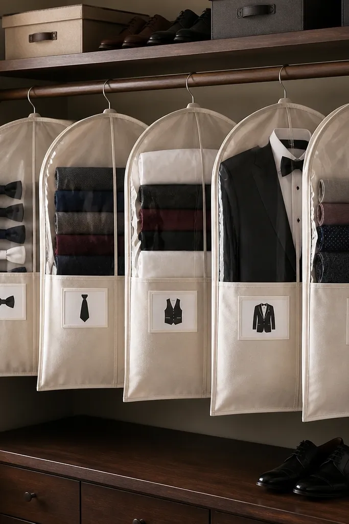 Hanging garment bags with clear windows and labeled fronts