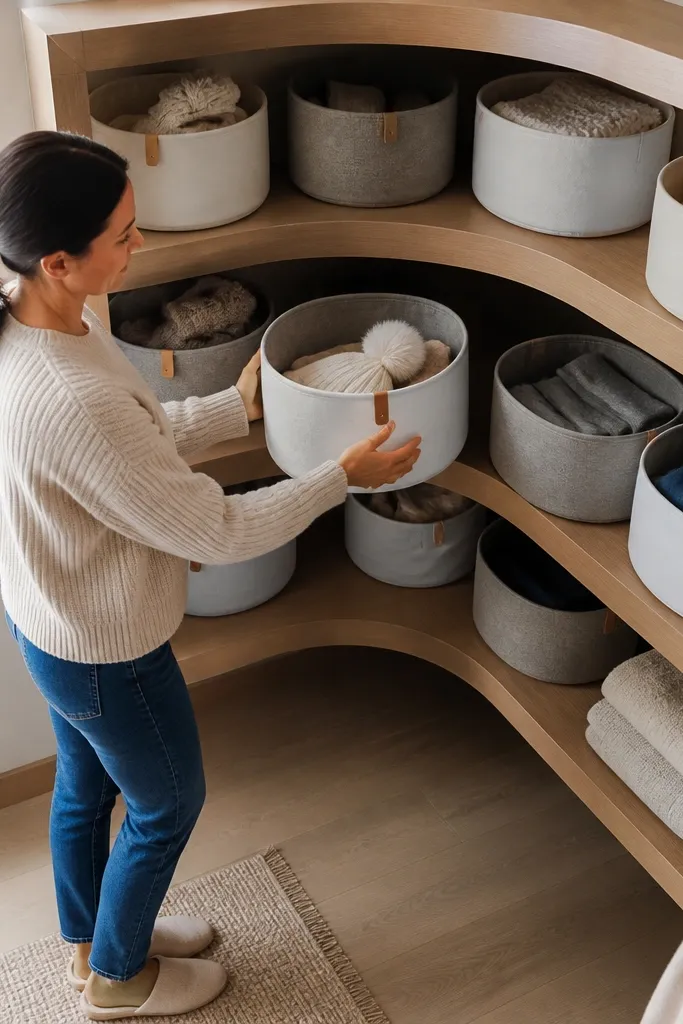 Corner shelves with rounded bins that follow the corner shape