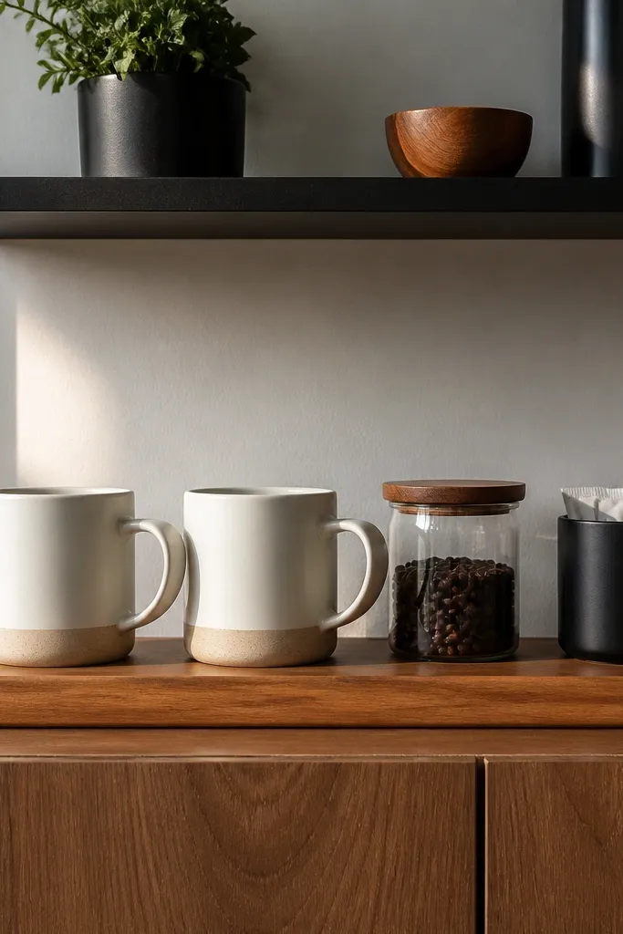 Matte black wall shelf above a warm wood board with mugs and coffee jars