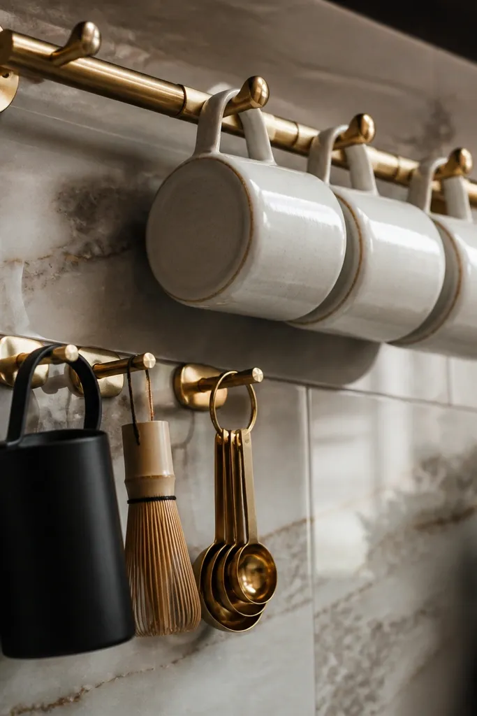 Brass rail on wall with peg hooks holding mugs and a small coffee tool caddy